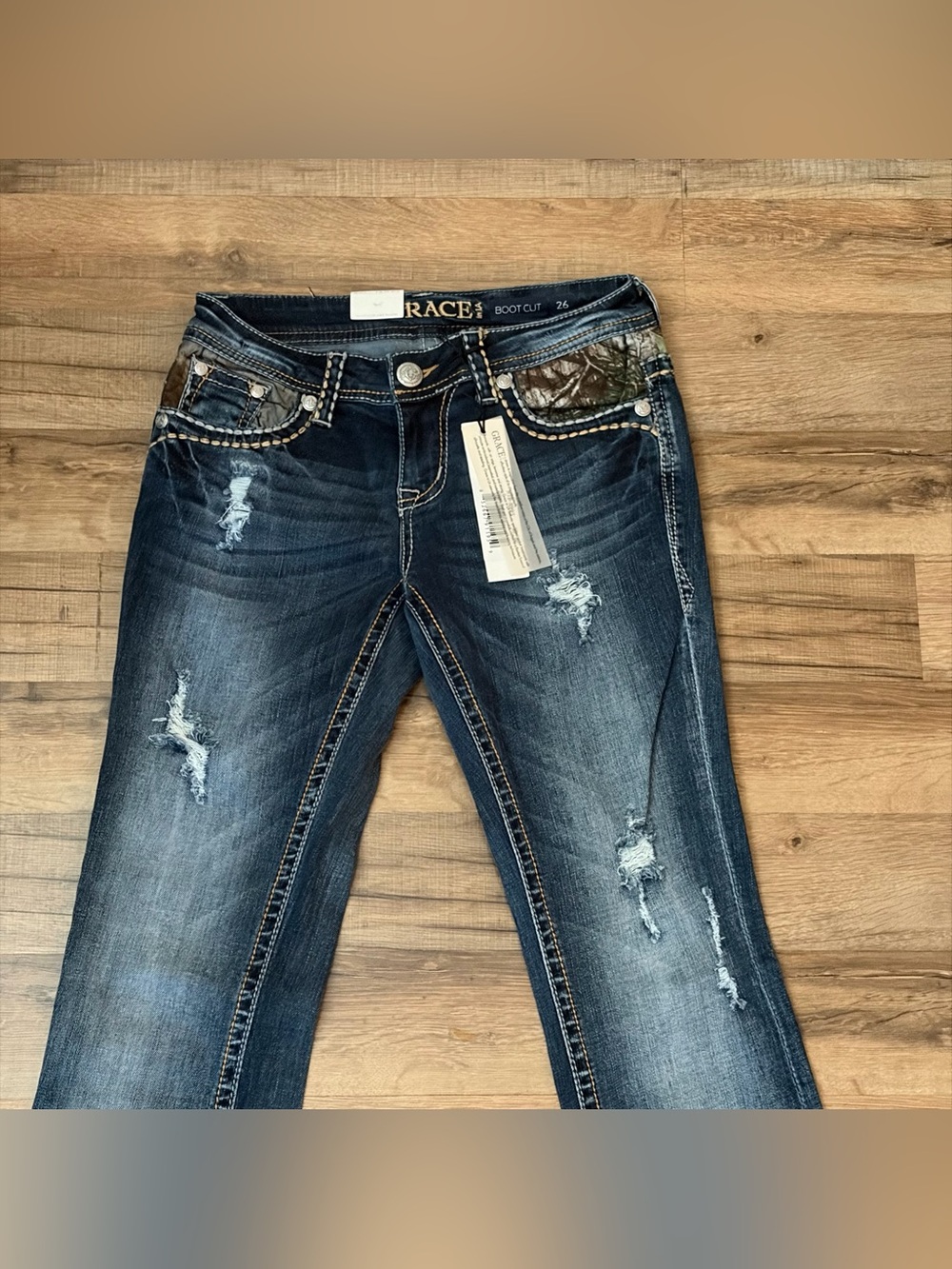 Grace in LA Camo Yoke Embellished Distressed Bootcut Jeans 2/26 NWT - Picture 2 of 10